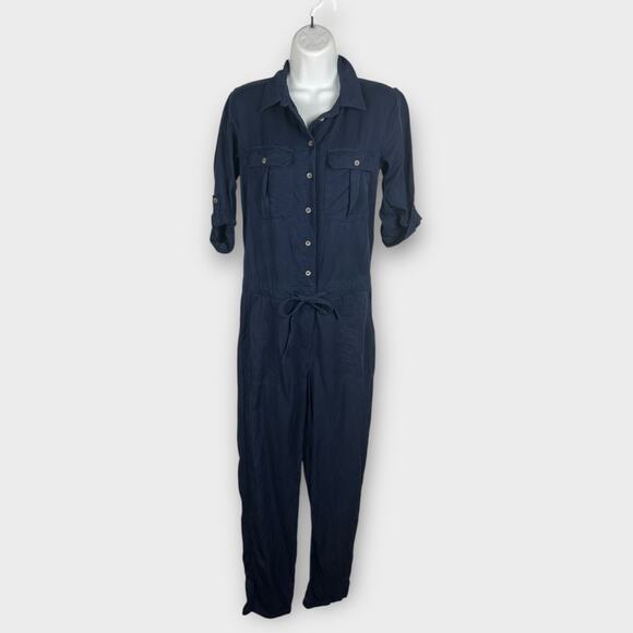 Max Studio Specialty Products XS Tencil Minimalist Short Sleeve Blue Jumpsuit - Picture 1 of 8